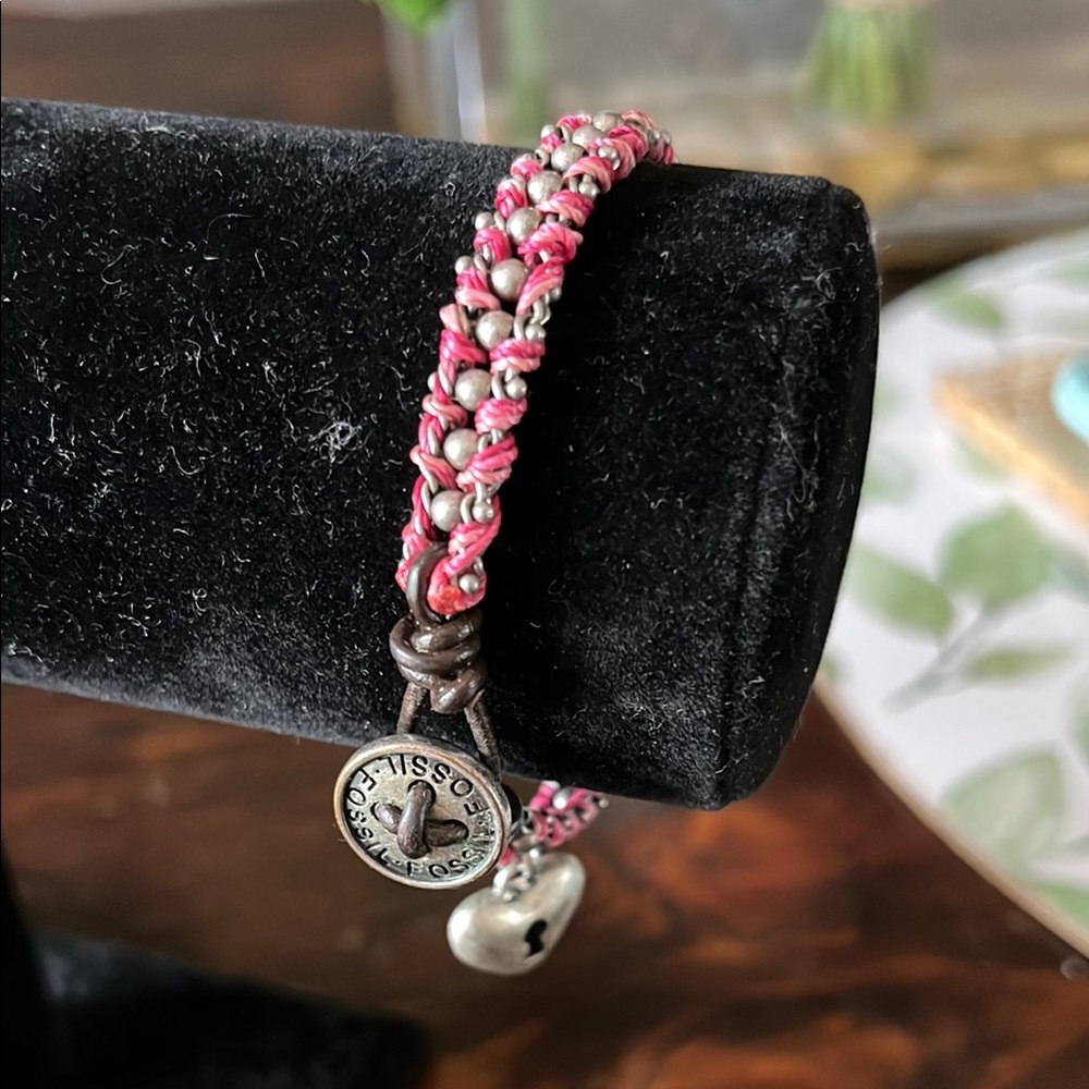 Fossil Pink and Silver Braided Charm Bracelet